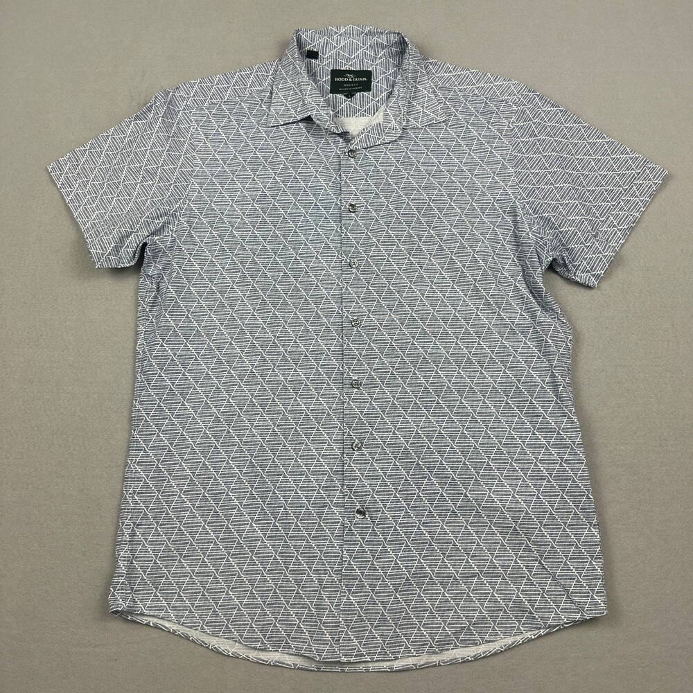 Rodd & Gunn Shirt Men Large Blue Button Up Sports Fit Geometric Short Sleeve L